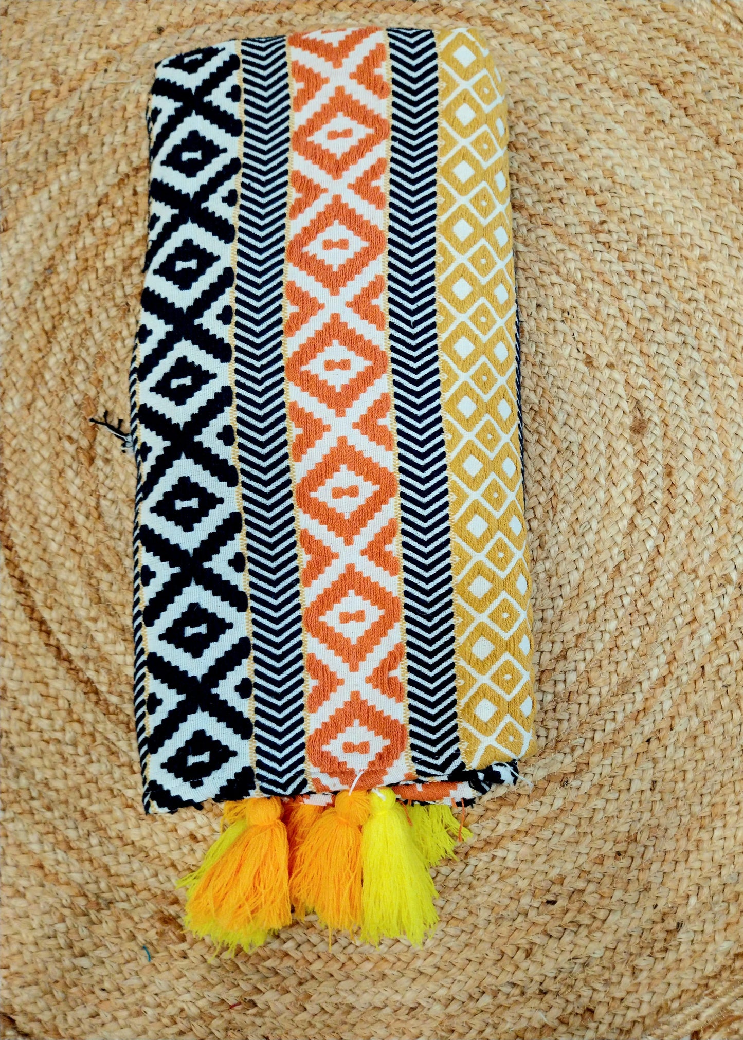 Orange Black Multicolor Cotton Sofa Cover with Decorative Tassels