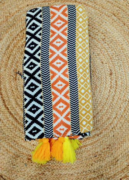 Orange Black Multicolor Cotton Sofa Cover with Decorative Tassels
