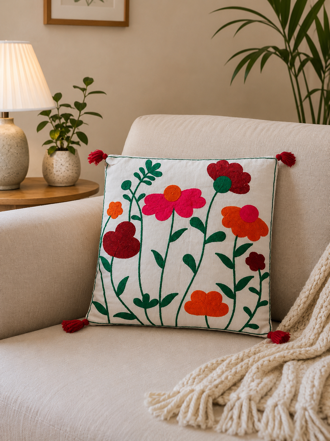 Floral Embroidered Cushion Cover