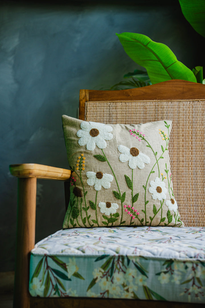 Floral Embroidery Brown/Beige Cushion Cover
