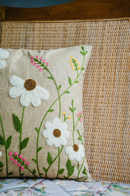 Floral Embroidery Brown/Beige Cushion Cover