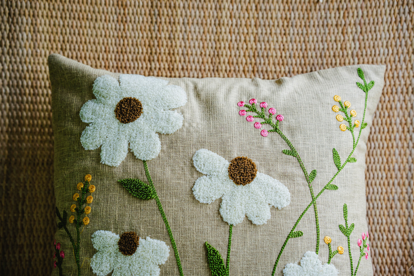 Floral Embroidery Brown/Beige Cushion Cover
