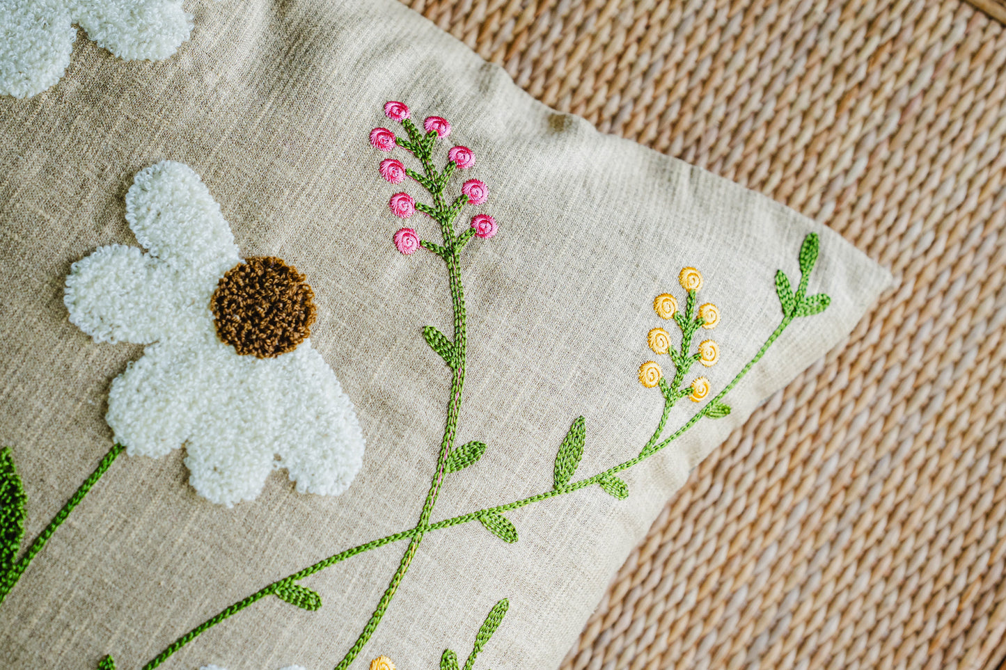 Floral Embroidery Brown/Beige Cushion Cover