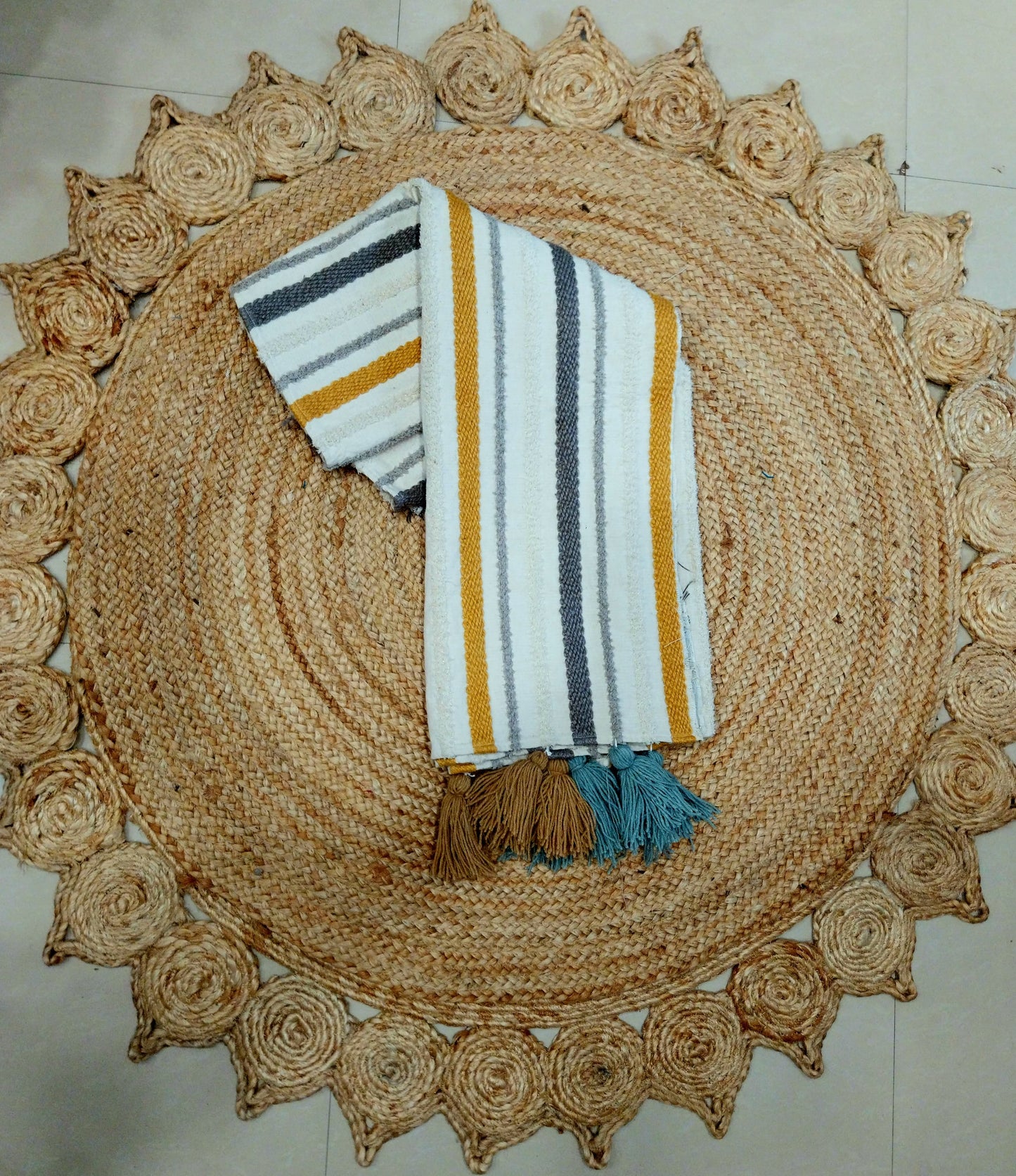 Boho Yellow Grey Sofa Cover with Decorative Tassels