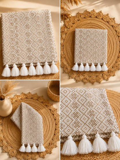 Beige Abstract Design Cotton Sofa Cover with Decorative Tassels