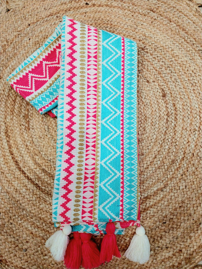 Blue/Pink Festive Sofa Cover with Decorative Tassels