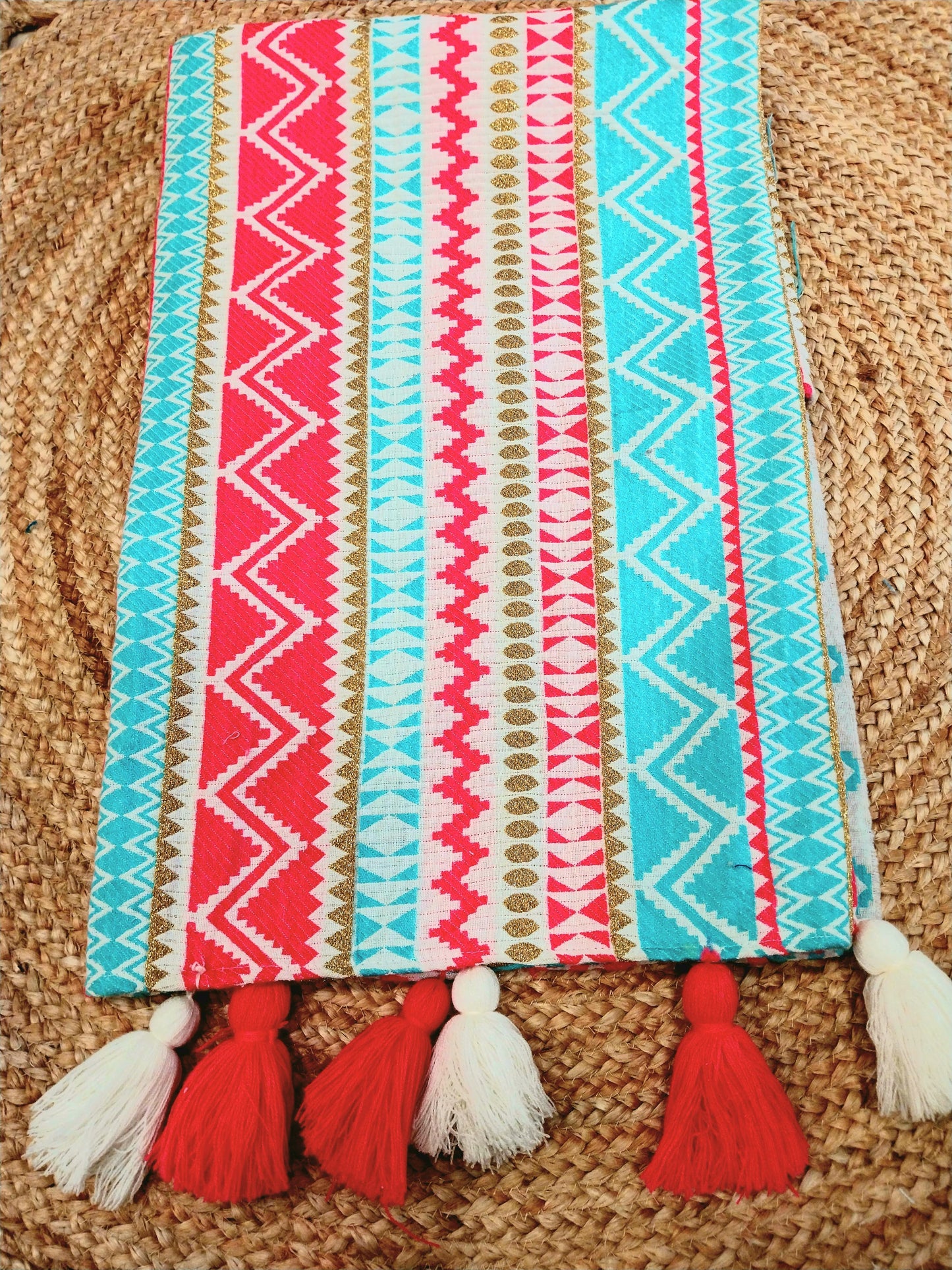 Blue/Pink Festive Sofa Cover with Decorative Tassels
