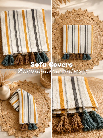 Boho Yellow Grey Sofa Cover with Decorative Tassels