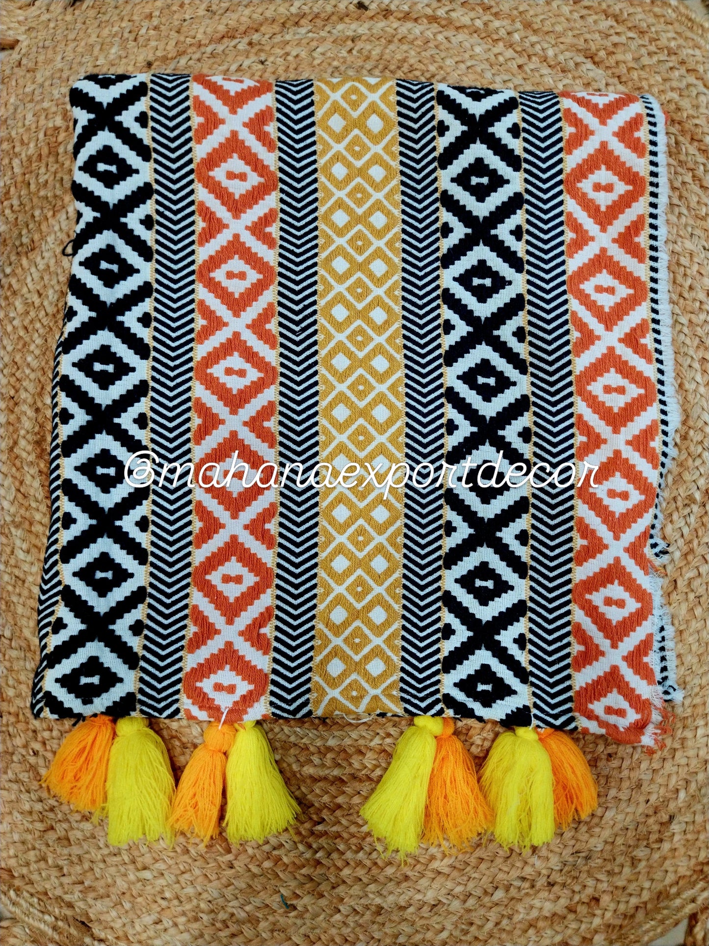 Orange Black Multicolor Cotton Sofa Cover with Decorative Tassels