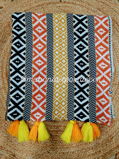 Orange Black Multicolor Cotton Sofa Cover with Decorative Tassels