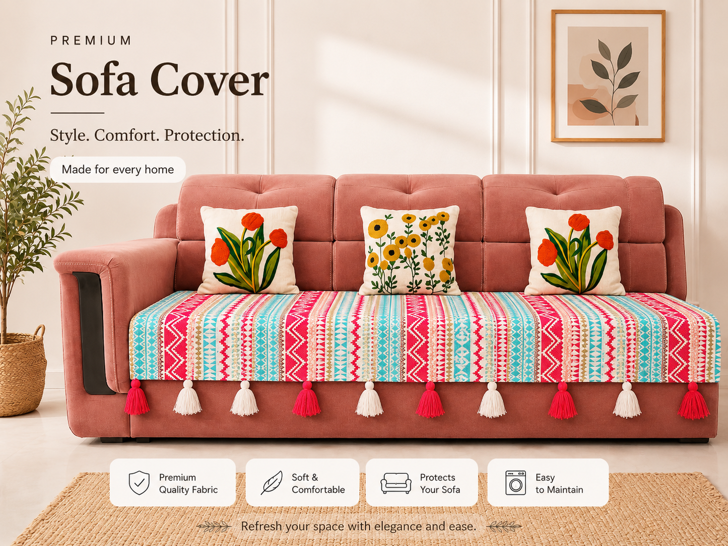 Blue/Pink Festive Sofa Cover with Decorative Tassels
