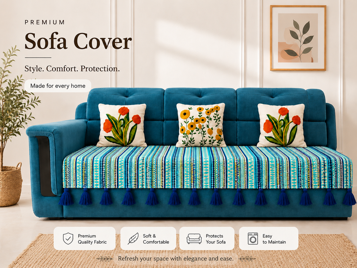 Quirky Blue Cotton Sofa Cover with Decorative Tassels