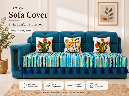 Quirky Blue Cotton Sofa Cover with Decorative Tassels