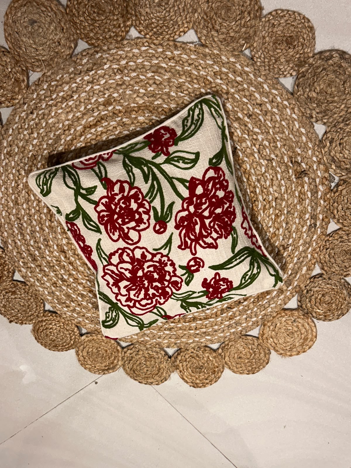 Red Floral Embroidery Cushion Cover