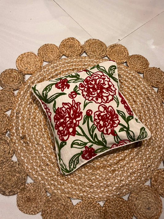Red Floral Embroidery Cushion Cover