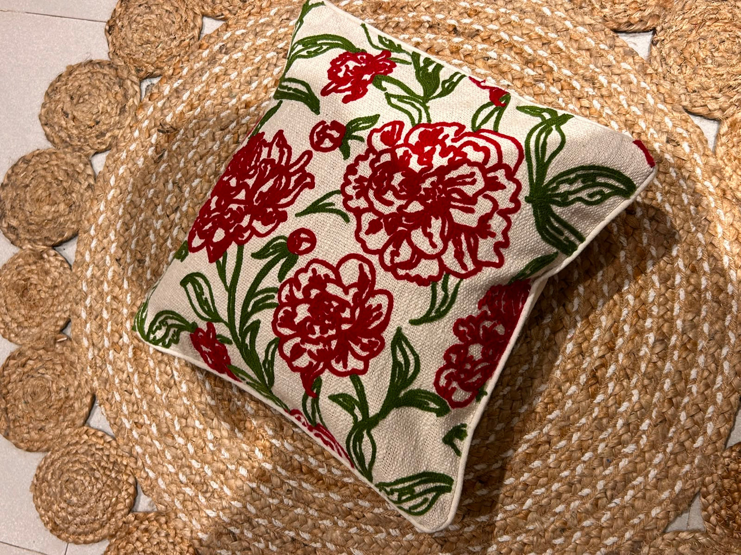 Red Floral Embroidery Cushion Cover