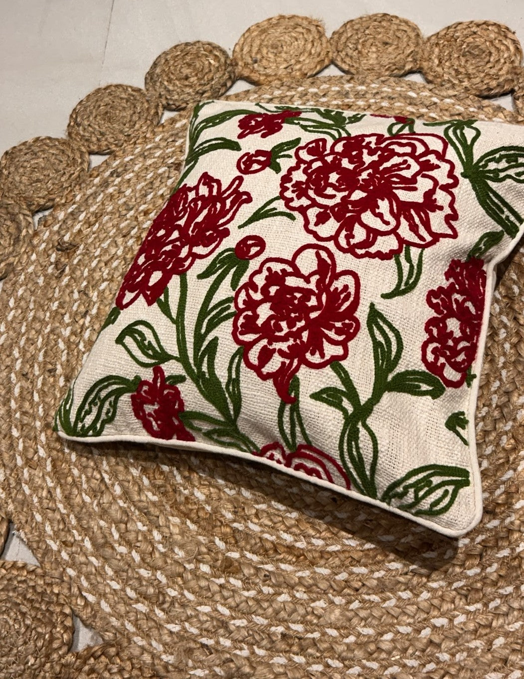 Red Floral Embroidery Cushion Cover