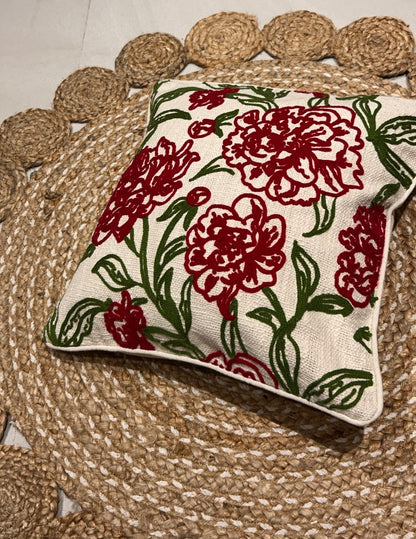 Red Floral Embroidery Cushion Cover
