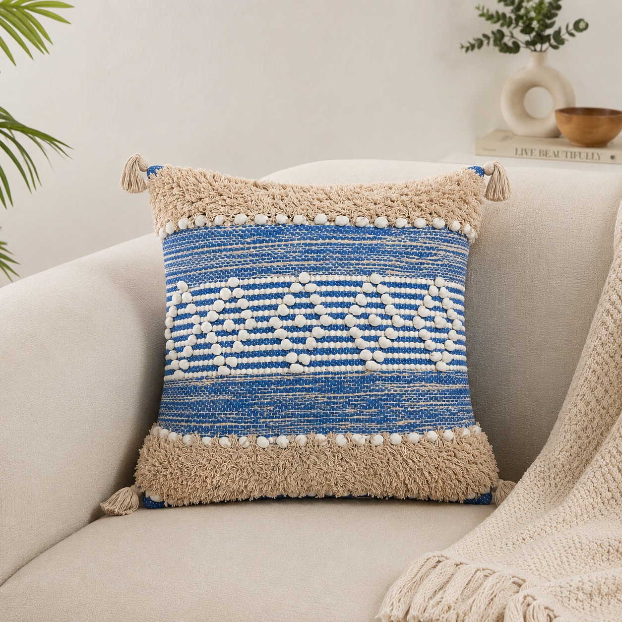Blue White Boho Abstract Cushion Cover