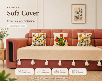 Beige Cotton Sofa Cover with Decorative Tassels
