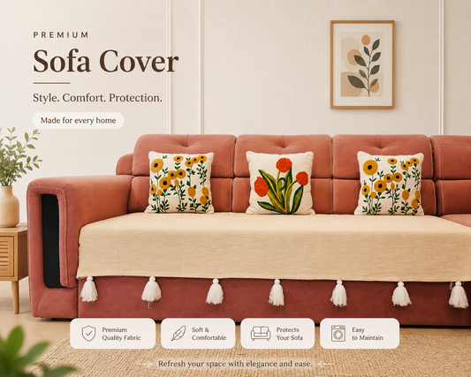 Beige Cotton Sofa Cover with Decorative Tassels