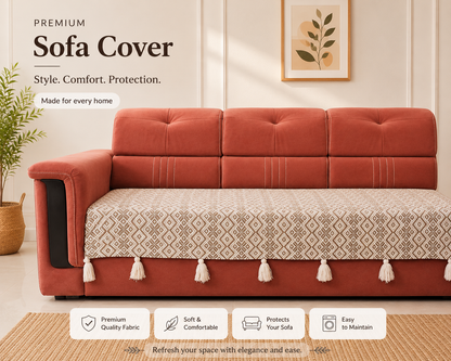 Beige Abstract Design Cotton Sofa Cover with Decorative Tassels