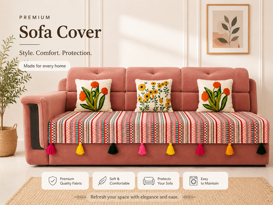 Quirky Multicolor Cotton Sofa Cover with Decorative Tassels