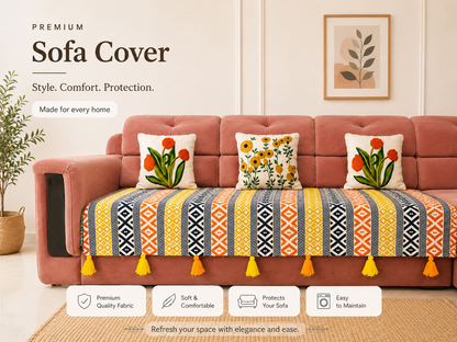 Orange Black Multicolor Cotton Sofa Cover with Decorative Tassels